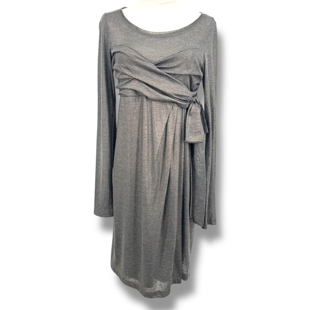 Robert Rodriguez dress small ruched draped belted shimmer pleated gray gold